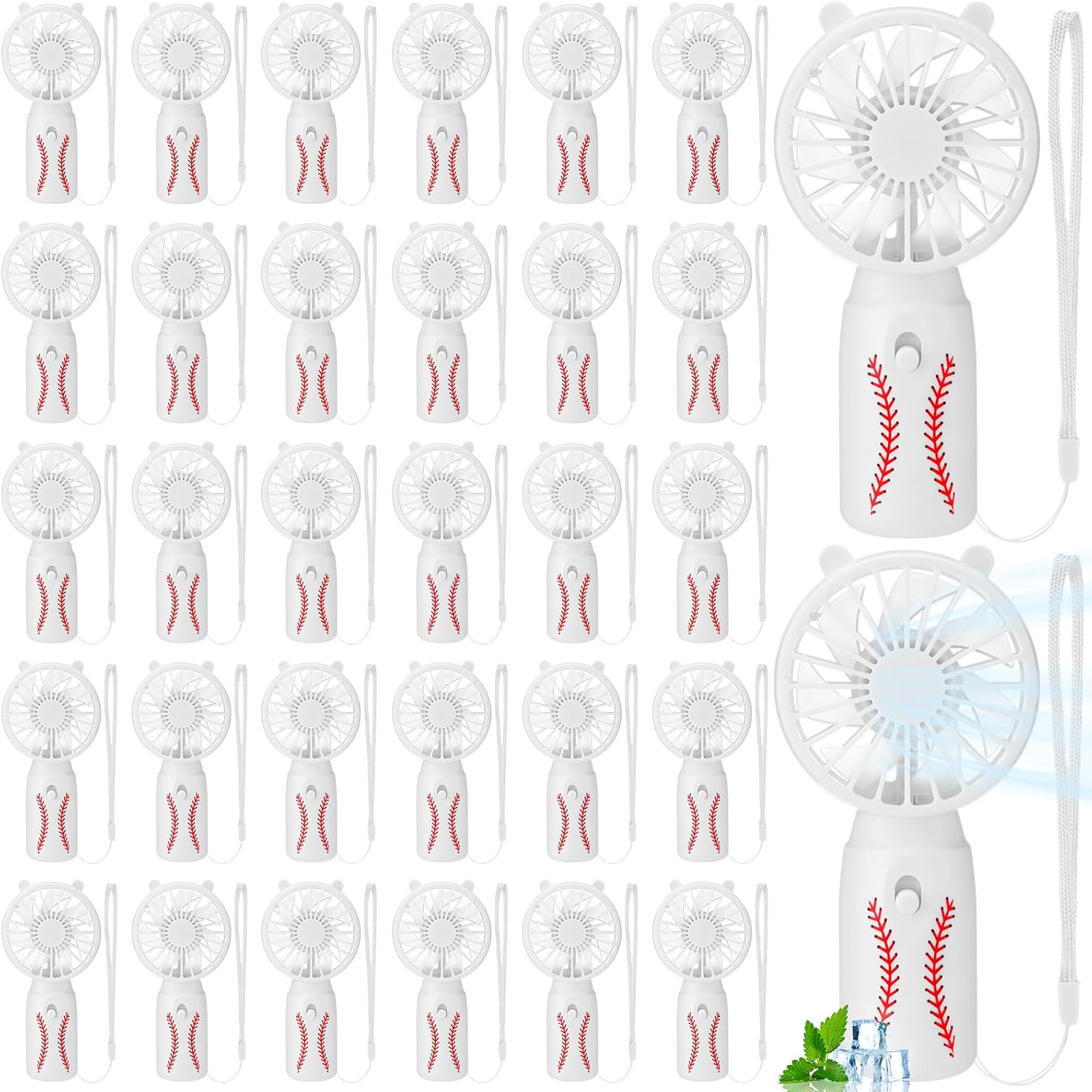 30 Pcs Mini Portable Fan Handheld Battery Operated Portable Small Personal Fans with Lanyard Team Favors for Summer Travel Beach Indoor Outdoor Cooling Gift (White Baseball)