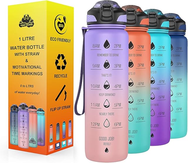 COSY CLOUD Water bottle with straw - Motivational water bottles with times to drink; time markings measurements for Sports Gym Office - BPA free leak proof reusable Tritan plastic 1 litre