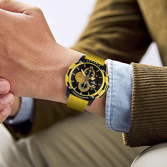 Men's Fashion Watch Silicon Band Business Quartz Watches Luxury Waterproof Luminous Analog Display with Date Chronograph Multifunctional Watch Yellow
