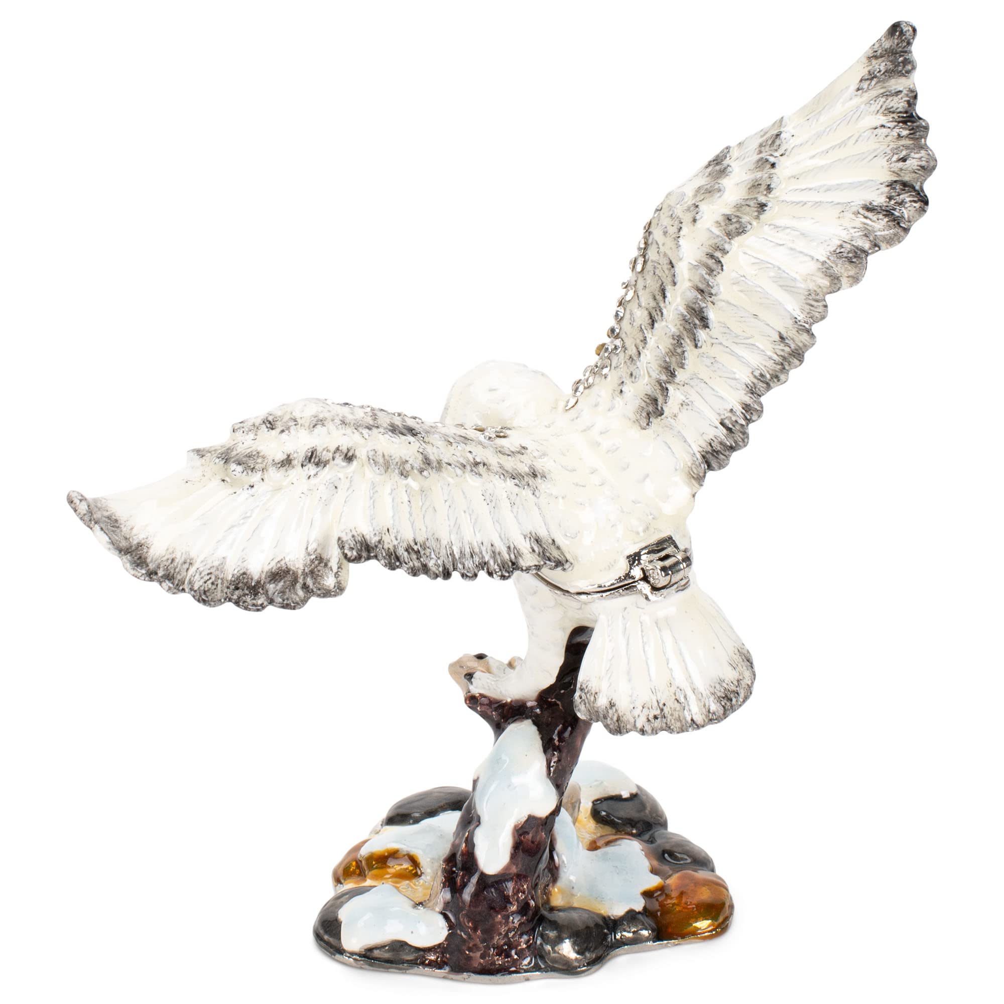 Cottage Garden Hand Painted Ornamental Jewelry Ring Necklace Earring Organizer Vintage Collectible Figurine Keepsake Box with Bejeweled Crystals, Flying Owl (Snowy Owl)