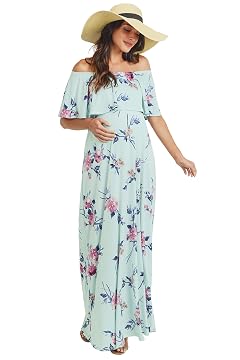 Womens Off Shoulder Ruffle Maxi Maternity Dress Mint Pink Flower XL