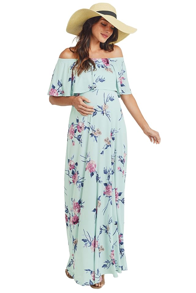 Womens Off Shoulder Ruffle Maxi Maternity Dress Mint Pink Flower XL