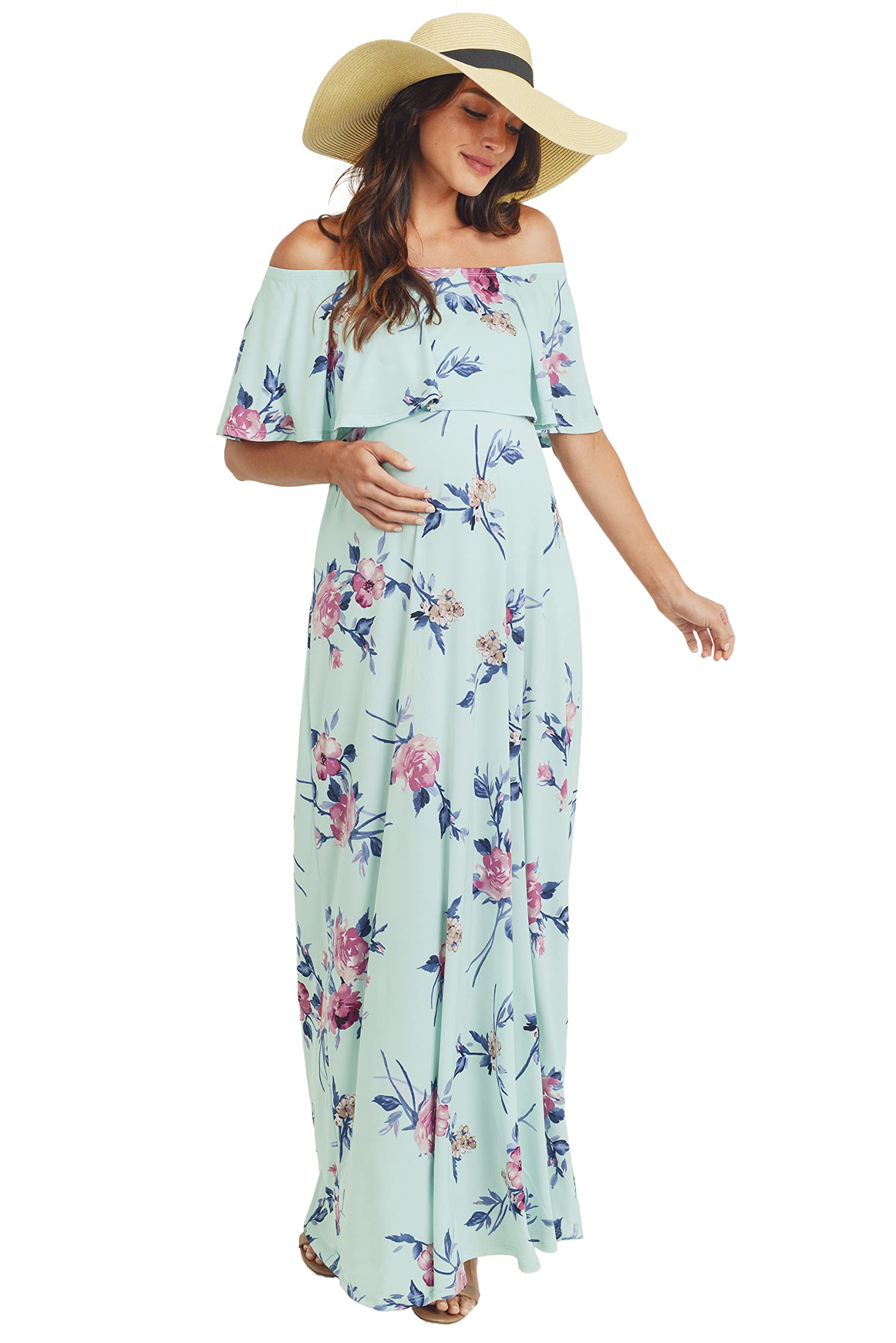 Womens Off Shoulder Ruffle Maxi Maternity Dress Mint Pink Flower XL