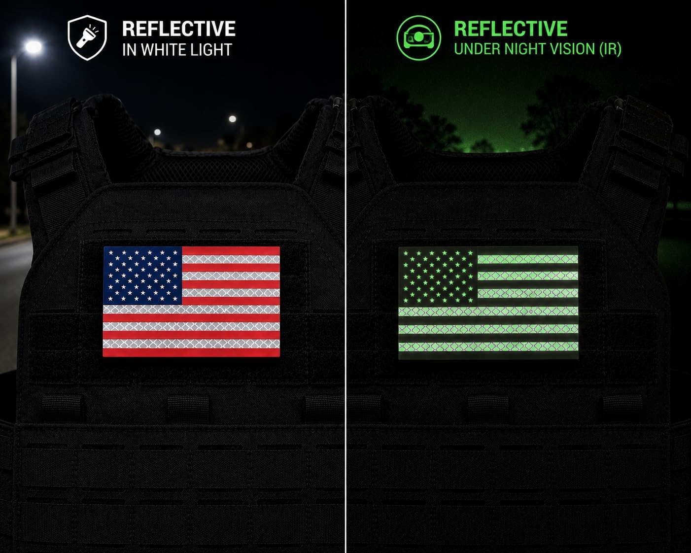 Big IR/Reflective American Flag Patch, 5x3, Hook & Loop for Backpacks, Military Uniforms, Plate Carriers (RWB)