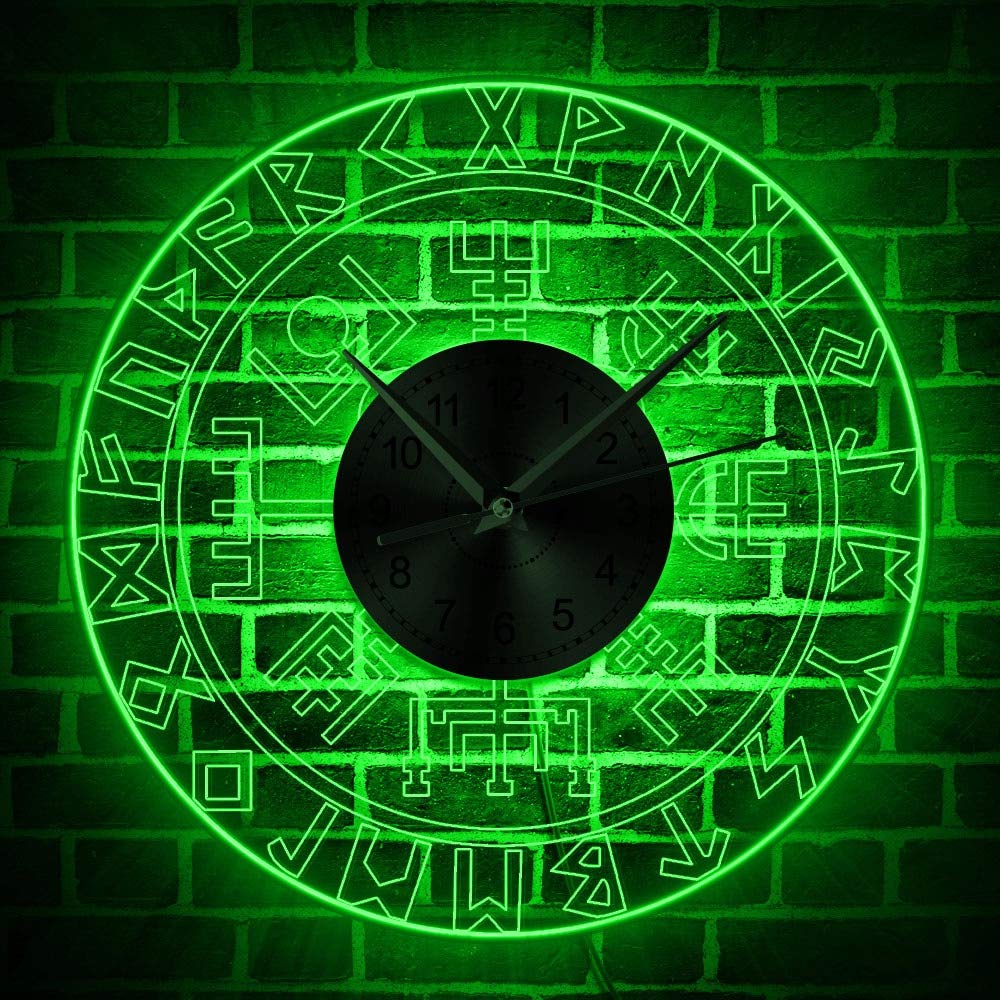 30cm Viking Runes Acrylique LED Edge Allumé Horloge Murale avec LED Lumière Homme Cave Bar Signe Lumineux Norse Rune Compass Horloge Murale Lumineuse 7 Couleurs Changeables Cadeau De Jour Des Enfant