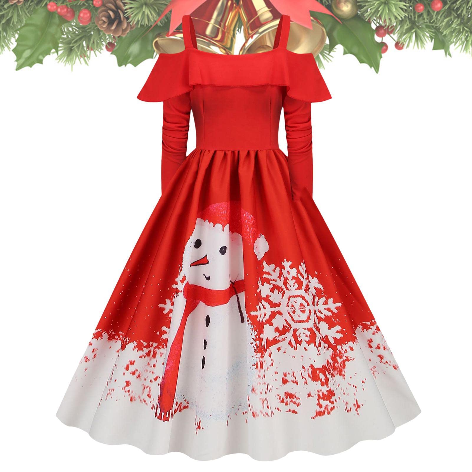 SOPTECChristmas Print Dress,Printed Womens Christmas Dresses - Fashionable Christmas Dresses, Chic Party Dress, Festive Long Sleeve Dres for Party, Dinner, Home Soptec