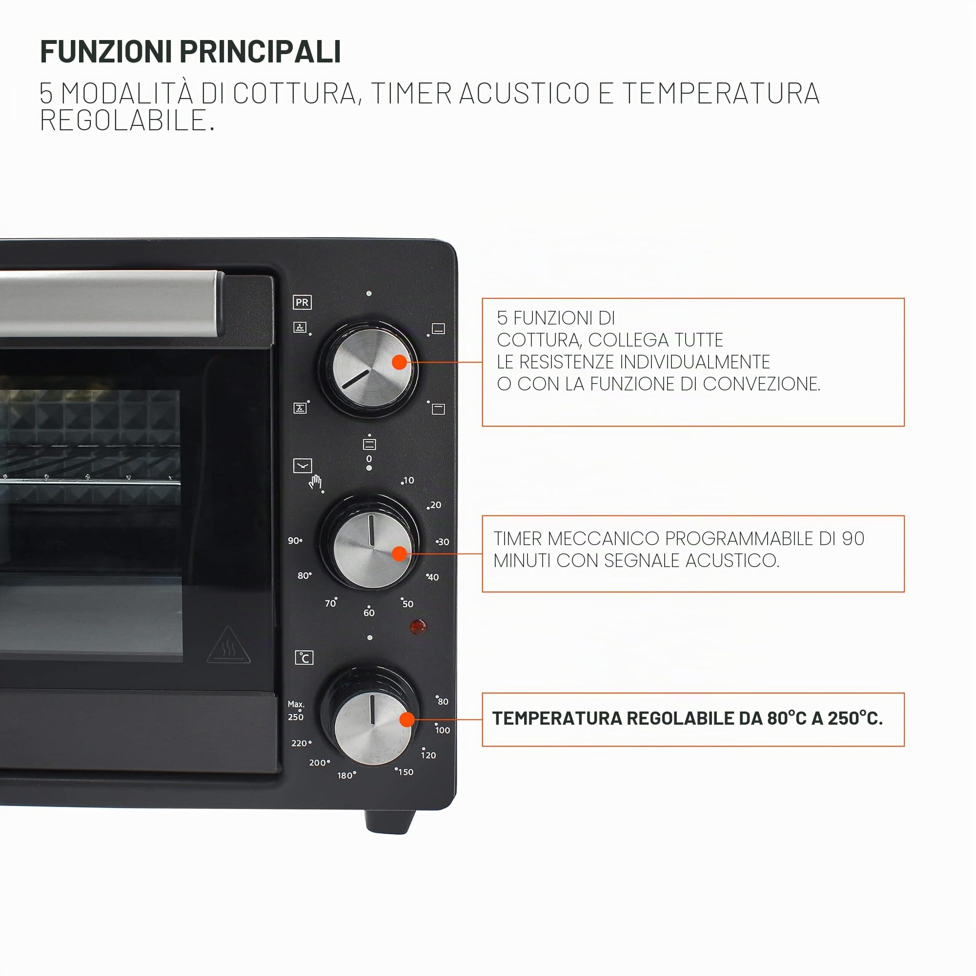 TM Electron TMPHO020 - Forno a convezione da tavolo, 5 funzioni, capacità 20 litri, timer 90 minuti, temperatura regolabile da 80° a 250°, 1500W