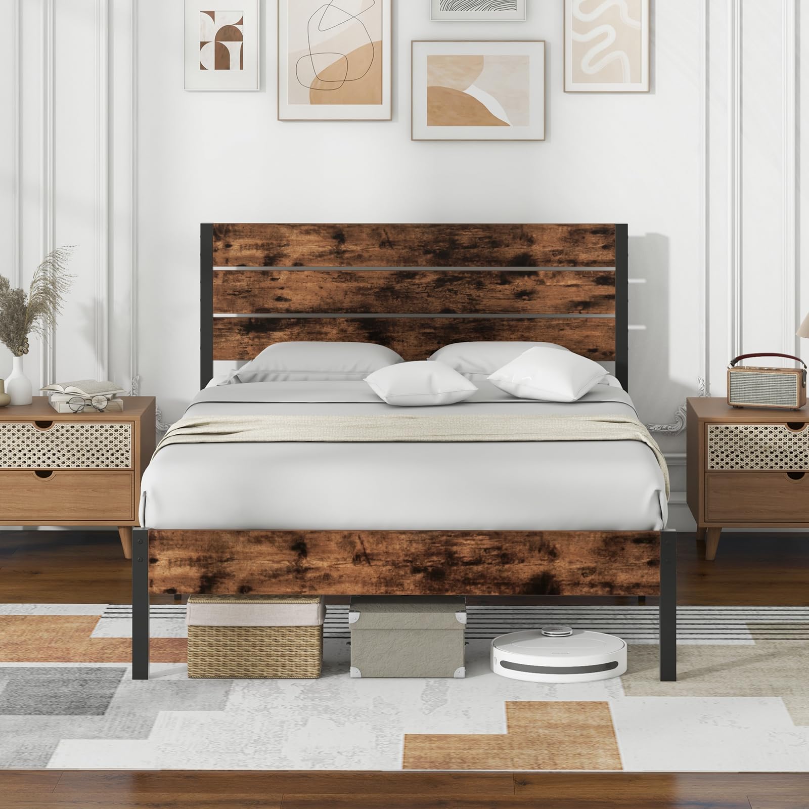 COSTWAY Metalowa rama łóżka na materac 200 x 140 cm, podwójna rama łóżka, rama łóżka z stelażem i miejscem do przechowywania pod łóżkiem, metalowa platforma, łóżko dla gości, przemysłowa podstawa