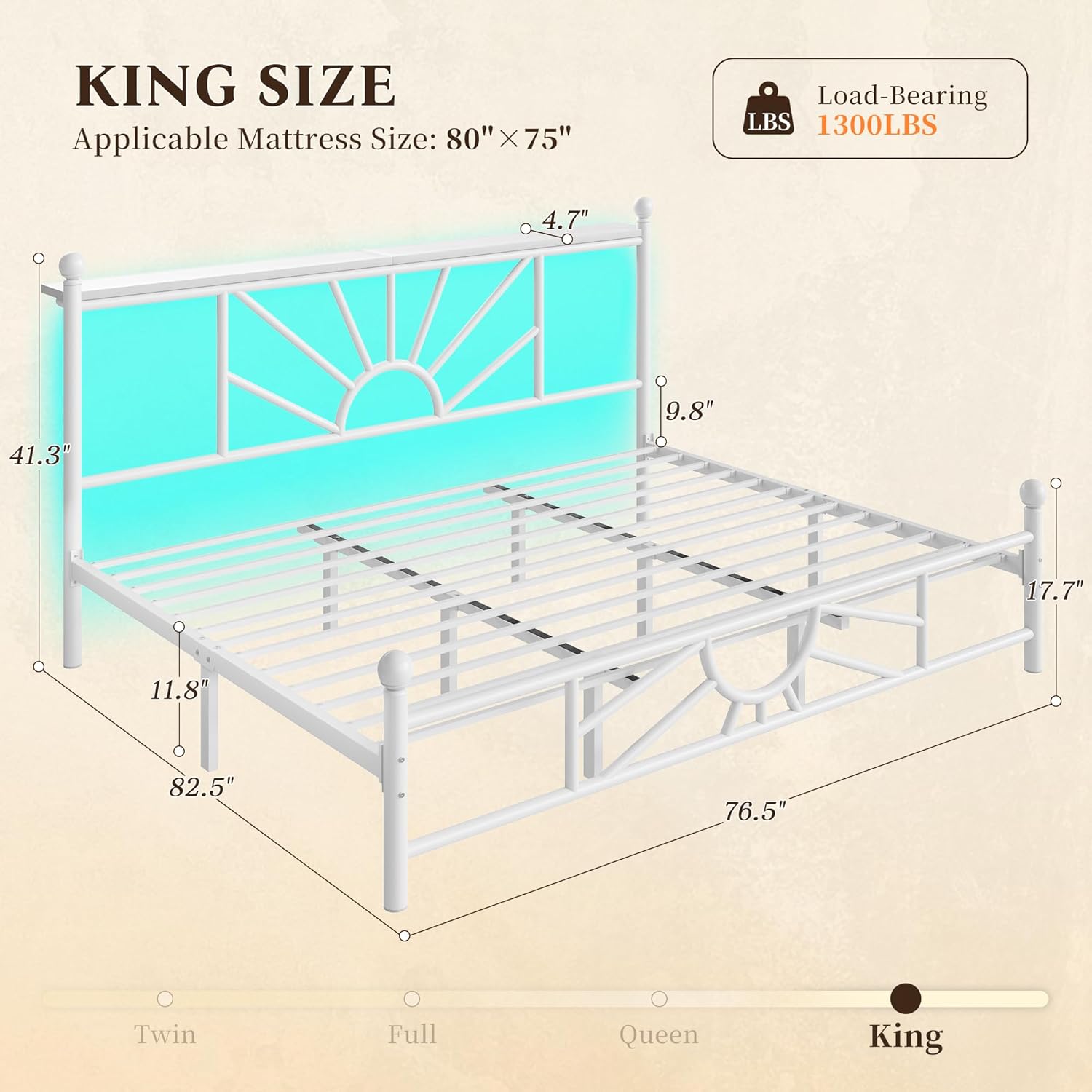 King Size Metal Platform Bed Frame with Classic Iron-Art Headboard and LED Light, Mattress Foundation with Under Bed Storage/No Box Spring Needed/Noise-Free/Easy Assembly, White