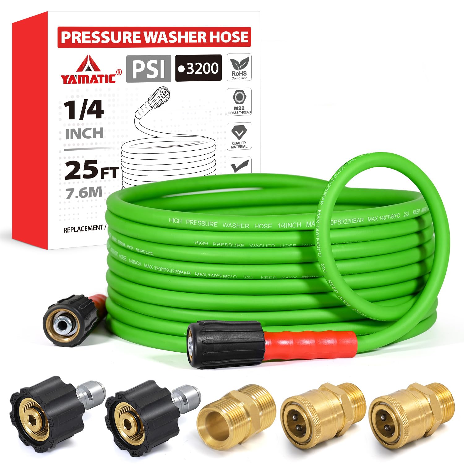 YAMATIC Flexible Pressure Washer Hose 25 FT 1/4", M22-14mm Females