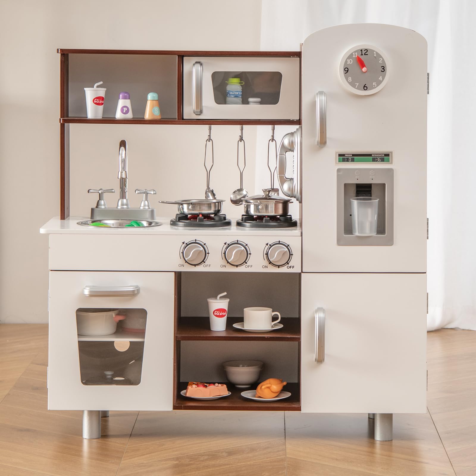 DREAMADE Kinderküche mit Licht und Sound, Kinder Spielzeugküche mit Spüle Herd Mikrowelle Kühlschrank Backofen, Kinderspielküche, Spielküche aus Holz mit Zubehör für Kinder ab 3 Jahren (Weiß + Braun)