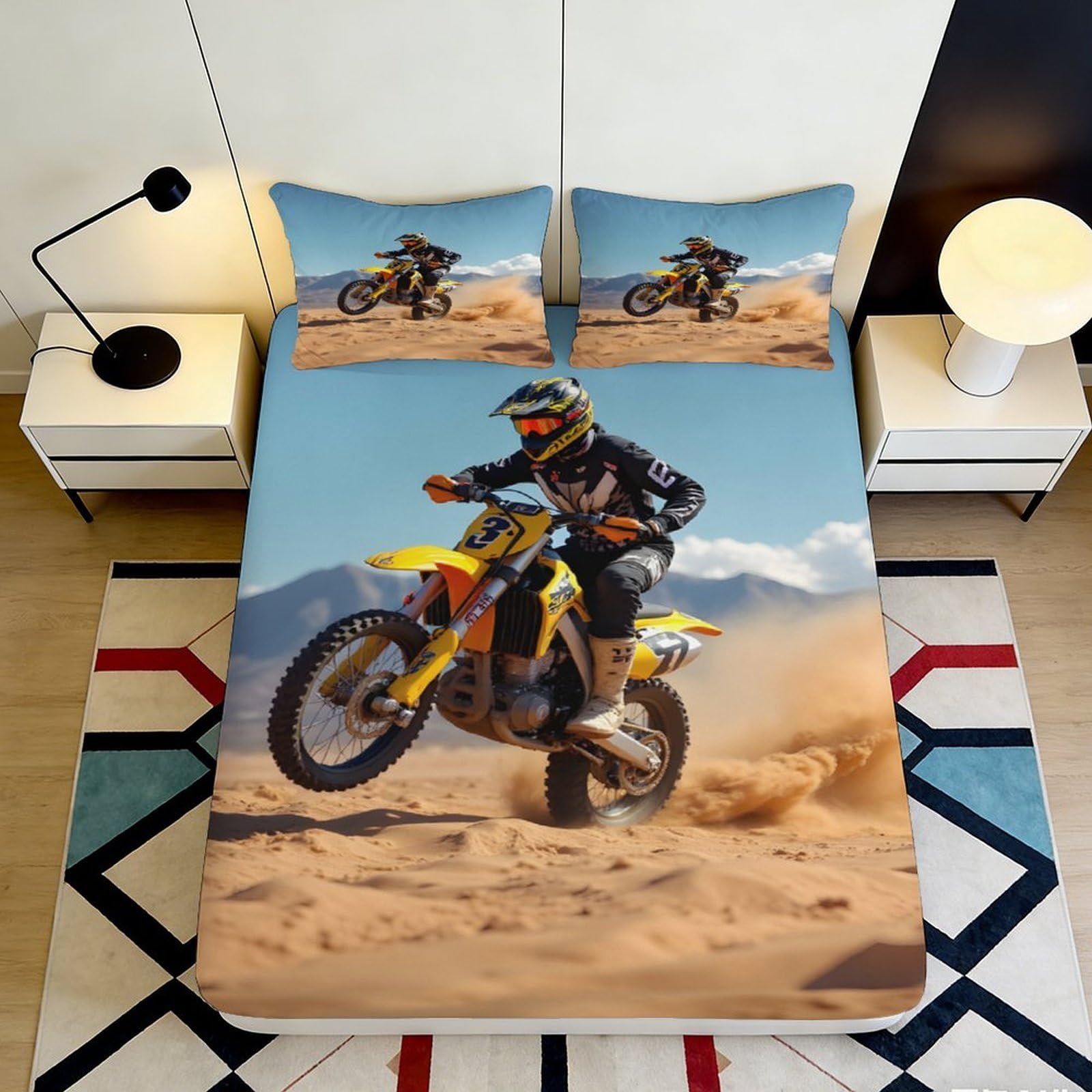 3D Printed Motocross Fitted Sheet Microfiber Durable Breathable Dirt Bike Mattress Cover for Bedroom Dormitory Guest Room Bed Protection 120x200x25cm