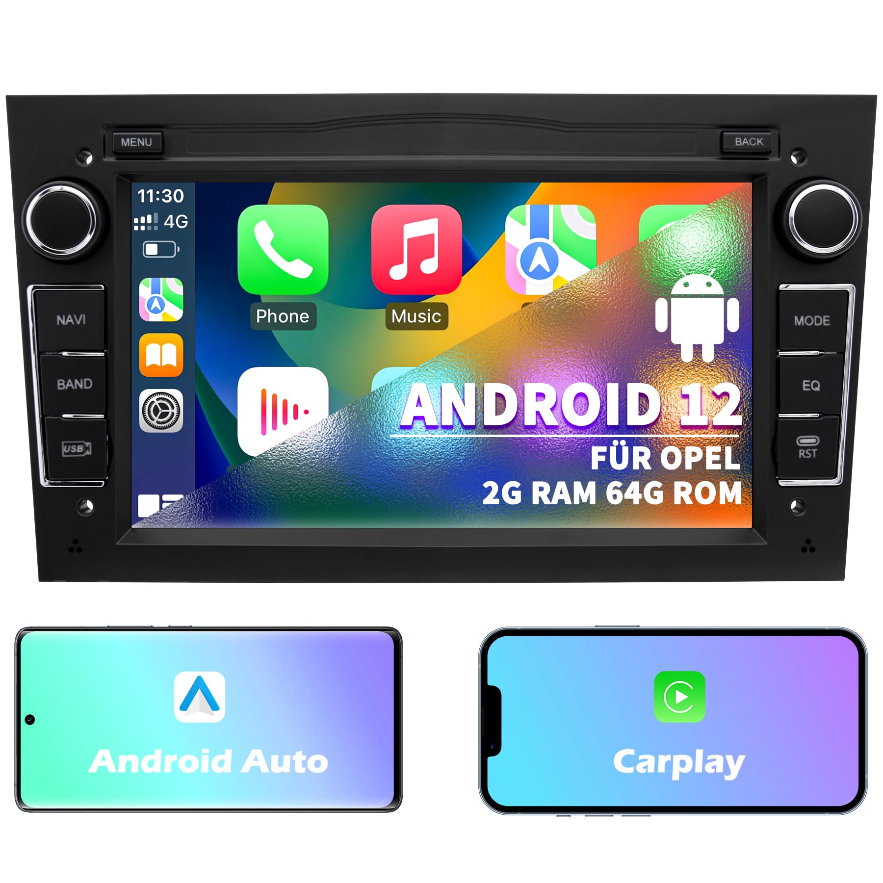 Autoradio für Opel, 2 DIN Radio, Android 12 System 2G+64GB mit Navi CarPlay Android Auto WLAN Bluetooth MirrorLink, 7 Zoll Bildschirm Double Din FM Radio Lenkradkontrolle
