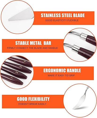 Miniatura 3 de Cuchillo de paleta  5 cuchillos de acero inoxidable con bordes lisos y mango de madera para un agarre resistente, raspador de mezcla para pintura