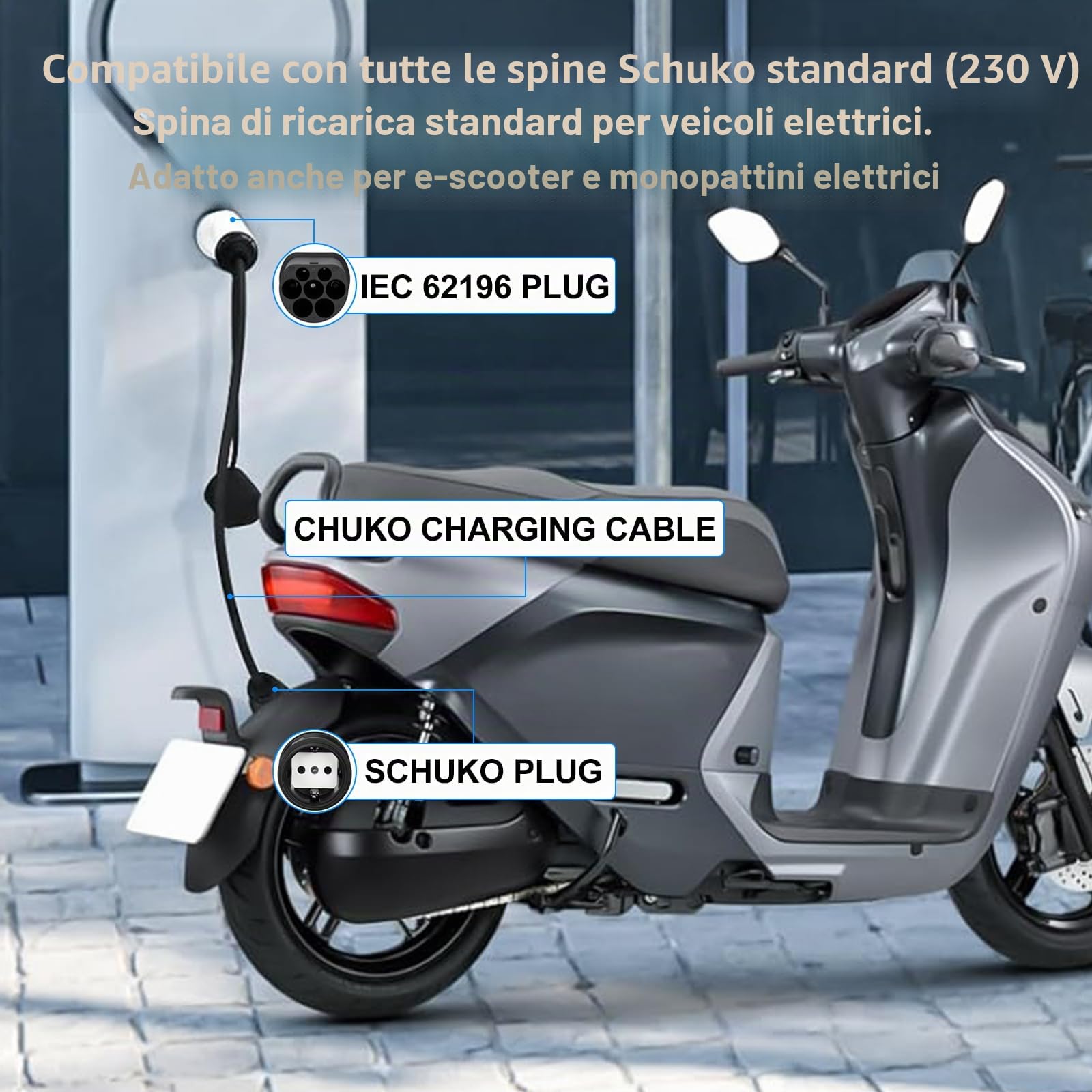 Adattatore da Tipo 2 a Schuko per Stazioni di Ricarica Auto IEC 62196 - Cavo di Ricarica EV per Wallbox