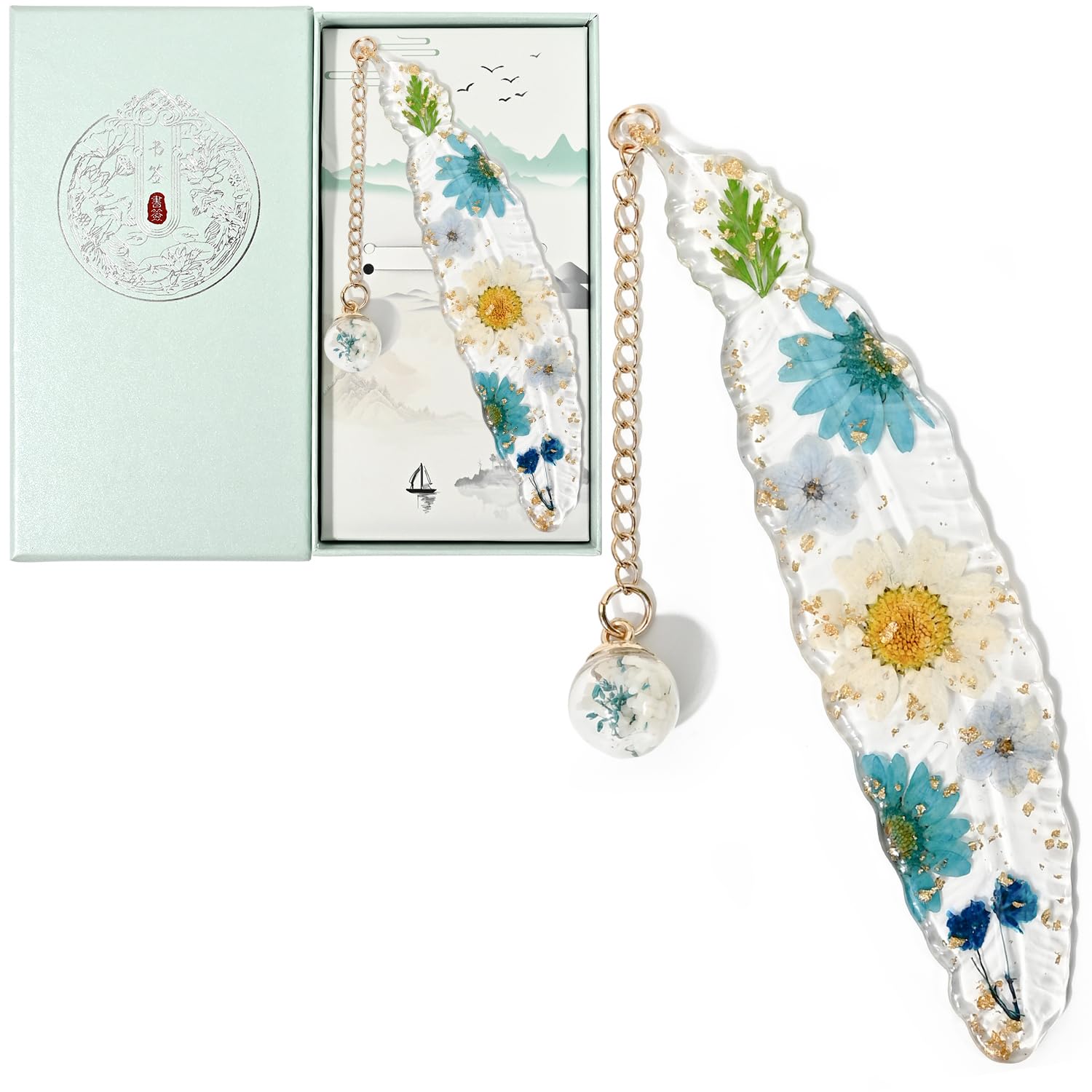 Pressed Flower Bookmark Pendant Bookmark Handmade Resin Book Lover Gift for Women, Teachers, Mothers（Lavender Blue）