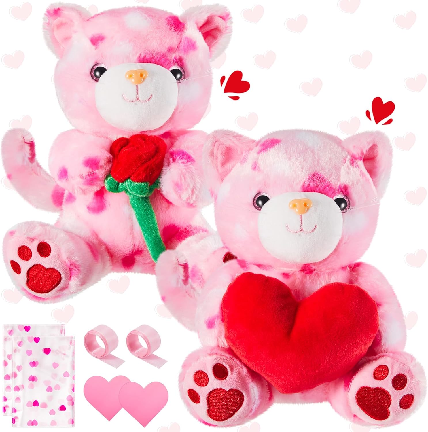 Shappy 2 Sets Large Valentine Stuffed Animals for Kids Valentines Day Plush Toys with Heart and Rose,Cute Soft Stuffed Animal Toys Classroom Supplies Exchange Gifts(Cat)
