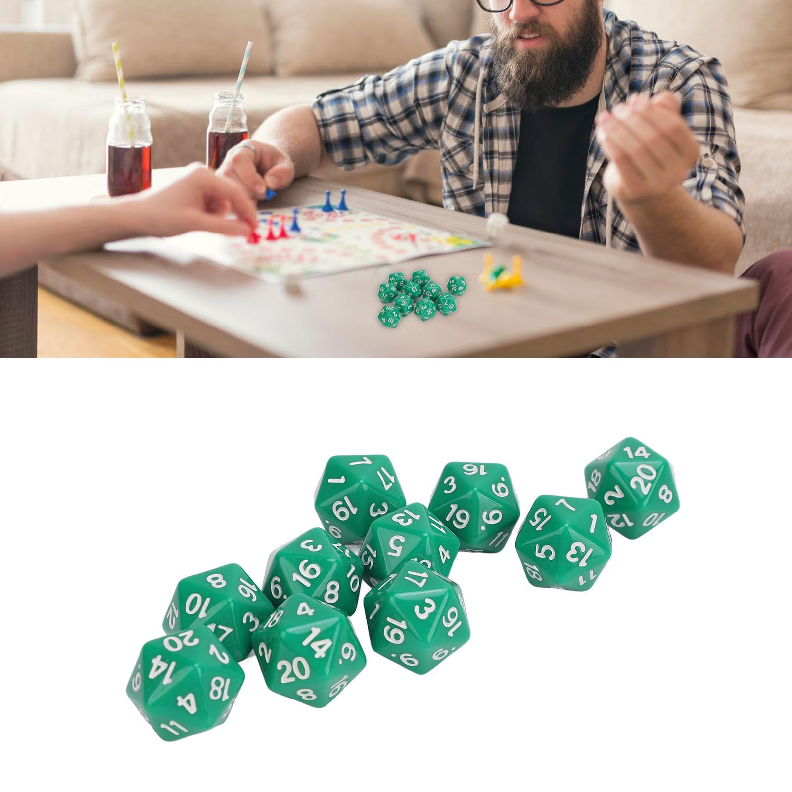 Yctze 10 szt. Zestaw Kości Wielościennych Lekkie 20-stronne Plastikowe Kostki do Gier RPG na Kostki Wielościenne, Plastikowe Kości, Zestaw, 20-stronne, Wielościennych, Tableto (GREEN)