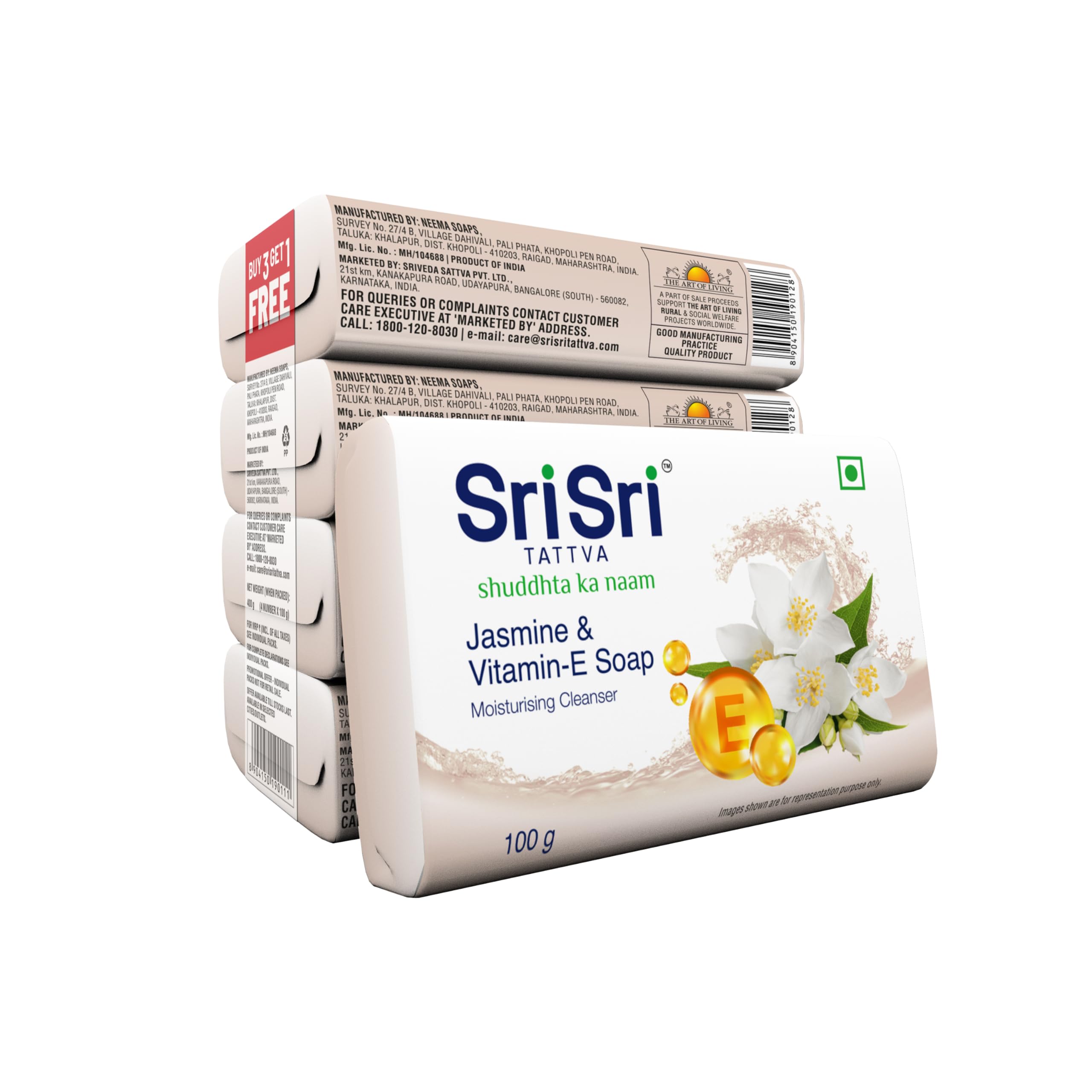 Sri Sri TATTVA shuddhta ka naam Jasmine & Vitamin E Soap | A Moisturising Cleanser | Buy 6 Get 2 Free | 100gm Each