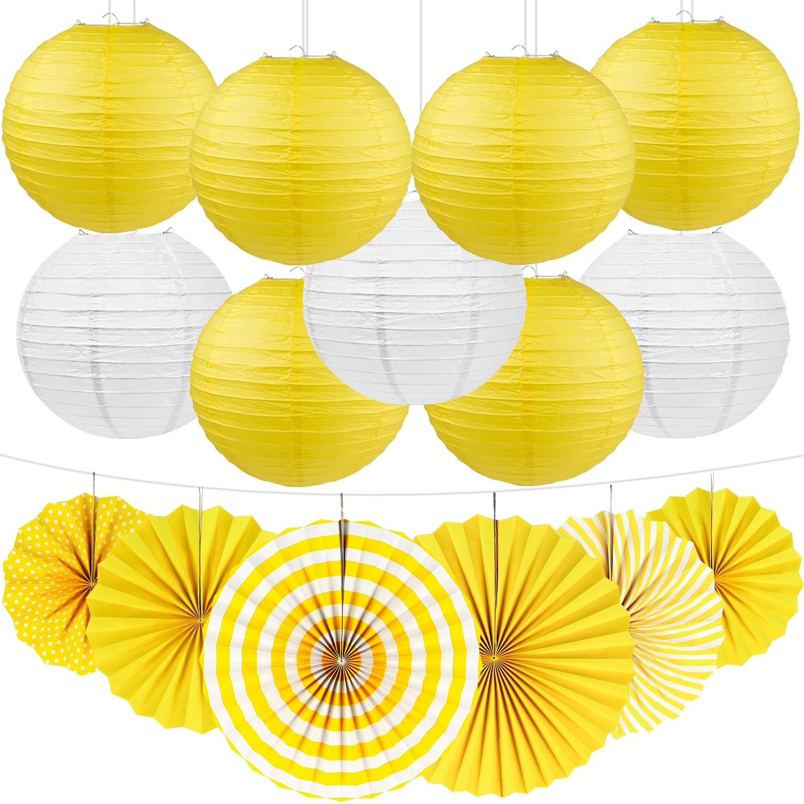 Peywot 15Pcs Yellow Party Decorations Supplies Set, Hanging Yellow Paper Lanterns Paper Fans for Home Decor Birthday Wedding Graduation Picnic BBQ Baby Shower Pizza Party (Yellow and White)