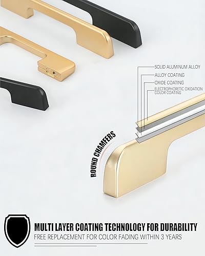 Miniatura 3 de Paquete de 2 manijas de gabinete de 5 pulgadas, color negro y dorado, tiradores de aleación de aluminio para gabinetes, tiradores centrales de