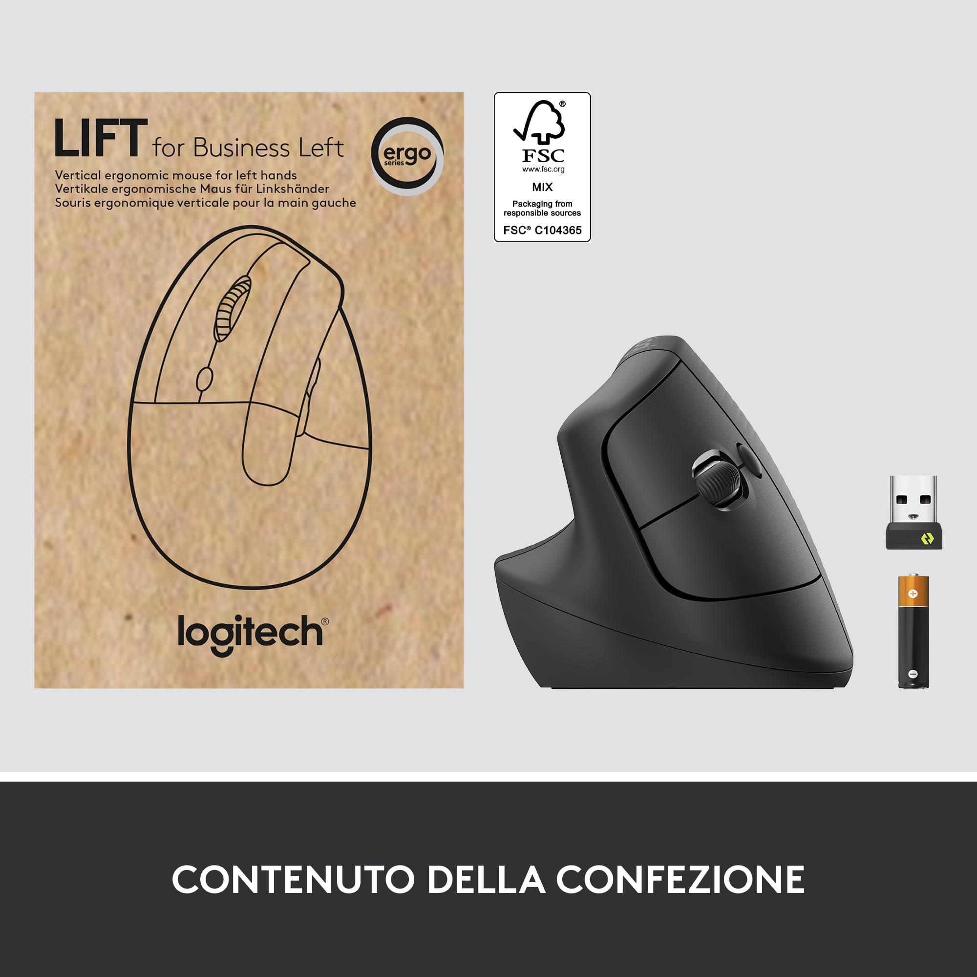 Logitech Lift for Business per Mancini, Mouse Verticale Ergonomico per Mancini, Wireless, Bluetooth, USB Secured Logi Bolt, Clic Silenziosi, Certificazione Globale, Windows/Mac/Chrome/Linux - Graphite