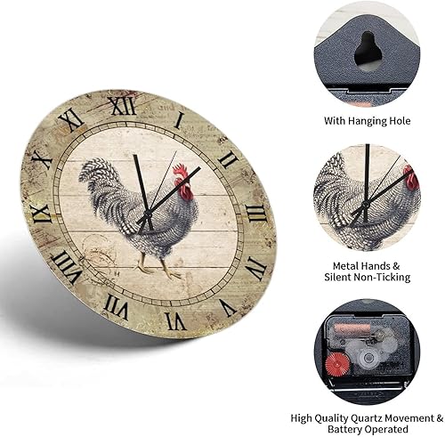 Miniatura 2 de Ineidolin Round Farmhouse Wall Clock Farm Fresh Chickens Rooster Antique Style Clock Quiet Non-Ticking Battery Operated with Large Numbers Rustic