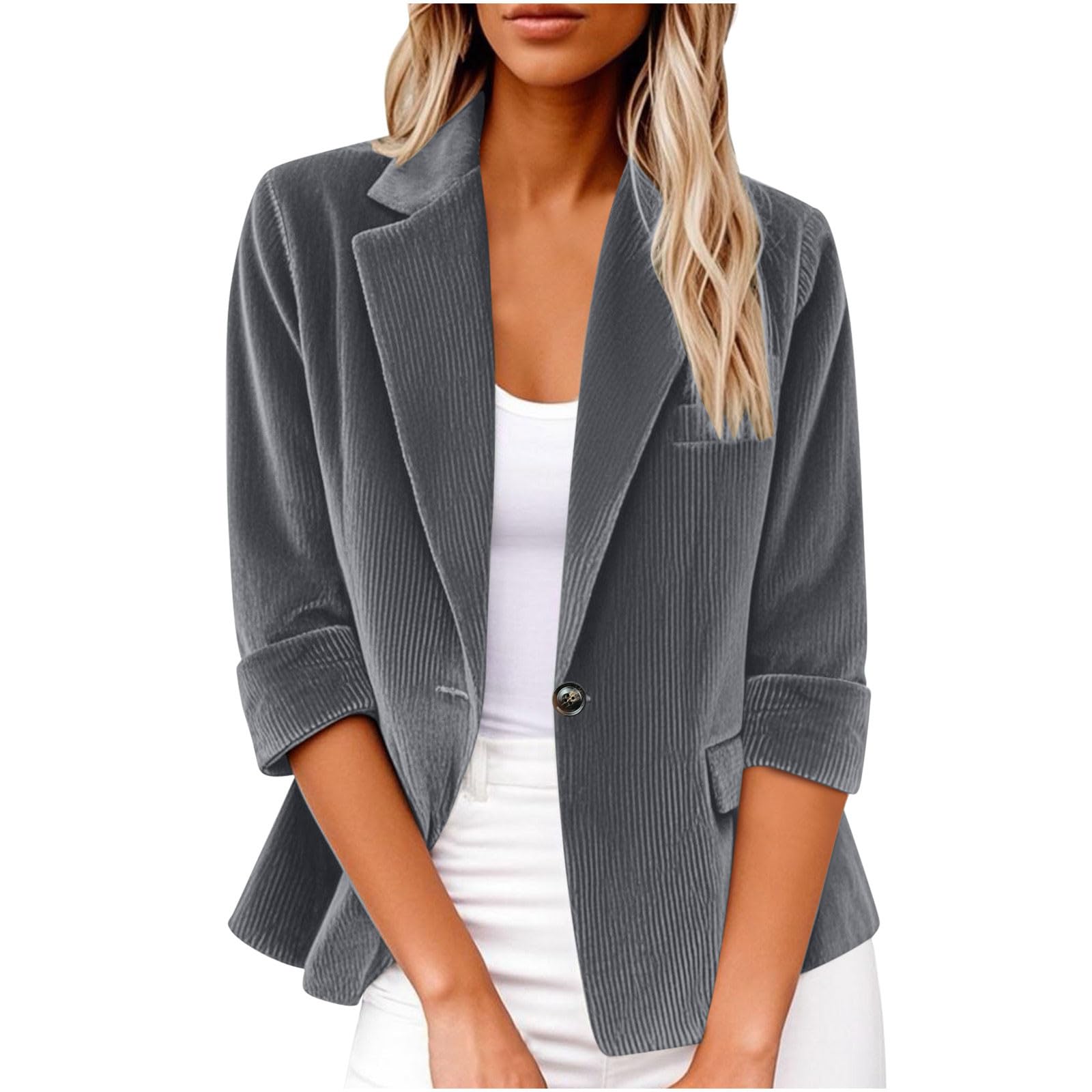 Womens Corduroy Jackets One Button Solid Notch Lapel Blazers Winter 3 4 Length Sleeve Suit Jacket Trendy Blazer