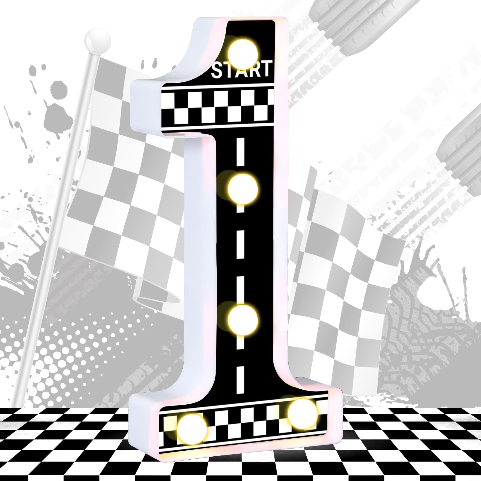 Racing Car Light up Numbers Checkered Birthday Decorations Happy Birthday Light up Sign Racetrack Inspired Decor Cars Theme Birthday Party Decorations Night Light for Racing Party Supplies (Number 1)