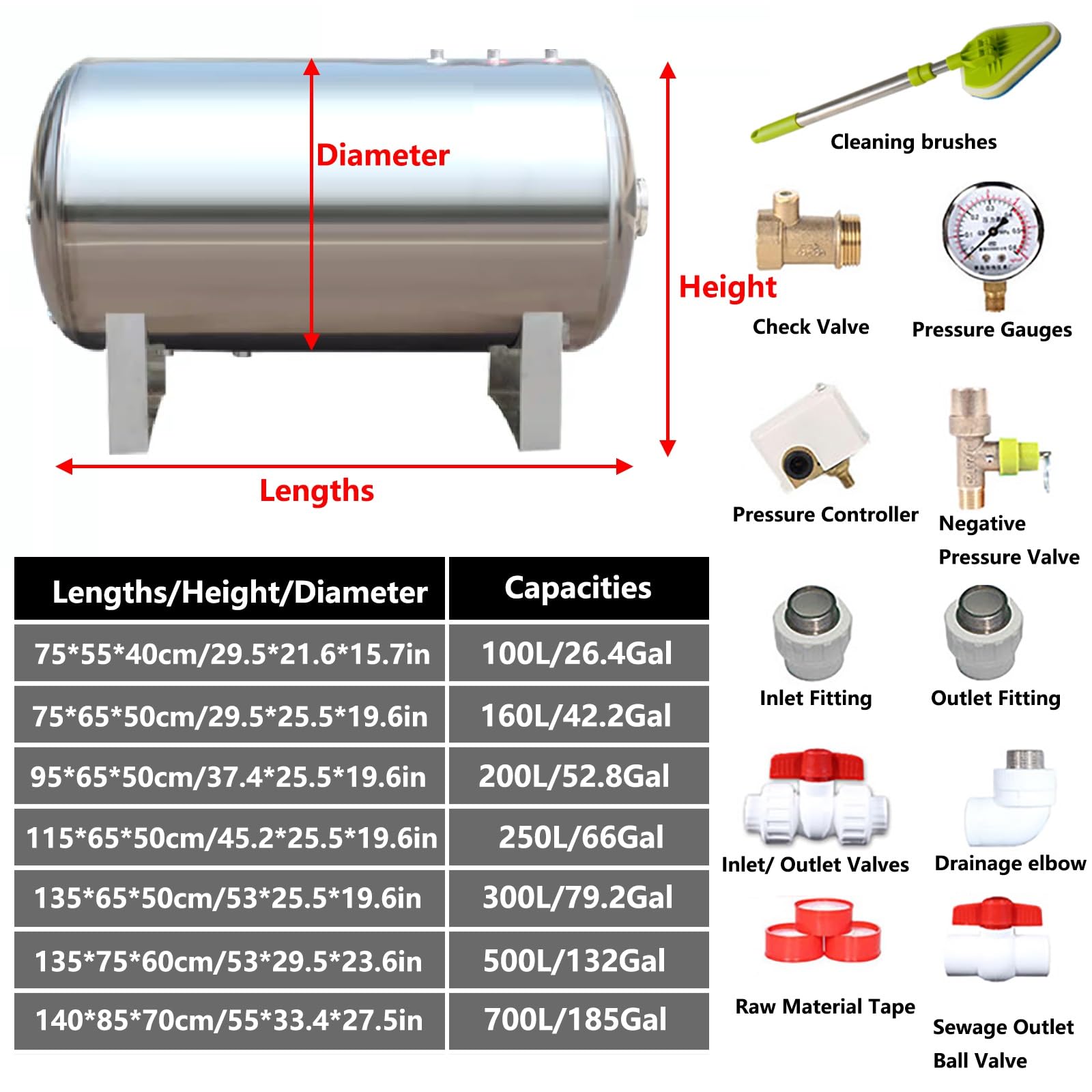 圧力タンク Amazon.co.jp: 26 42 52 66 79 132 185ガロン水平水圧タンク、304