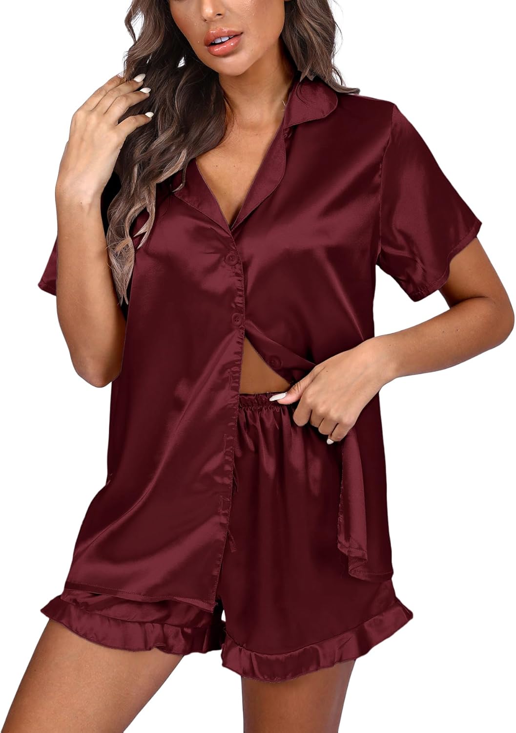 Vrtige Women's Satin Pajamas Set Short Sleeve Button Down Top With Shorts PJs Set Sleepwear