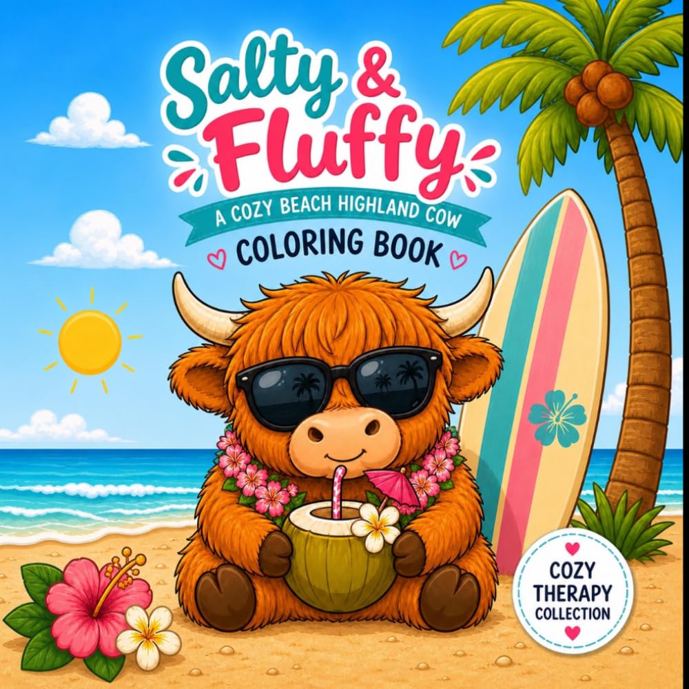 Salty & Fluffy: A cozy beach highland cow coloring book (Cozy Therapy Collection)