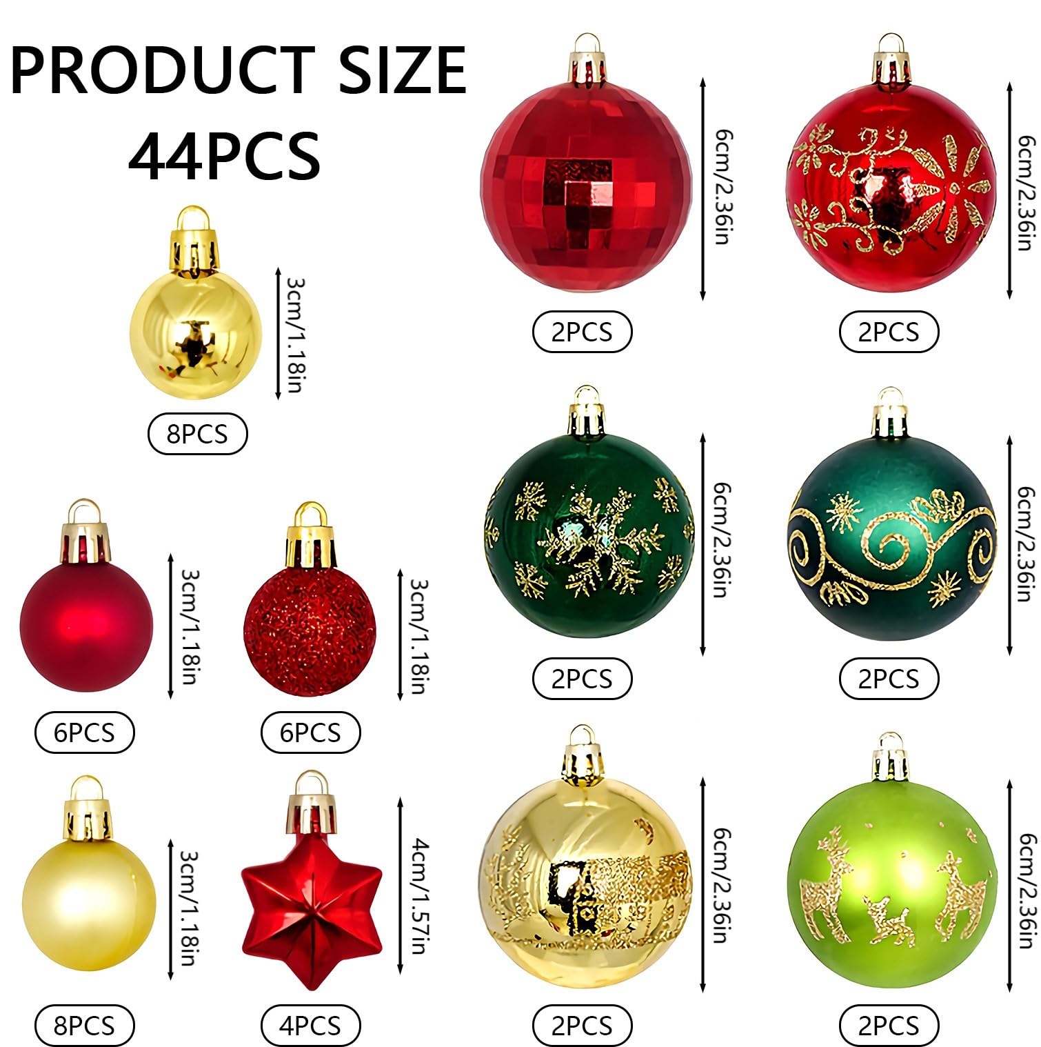 FOGAWA 44pcs Christmas Baubles Green Red and Gold Baubles 6cm/3cm Christmas Ball Ornaments Xmas Tree Bauble Shatterproof Hanging Balls for Xmas Party Home Decor - Image 2