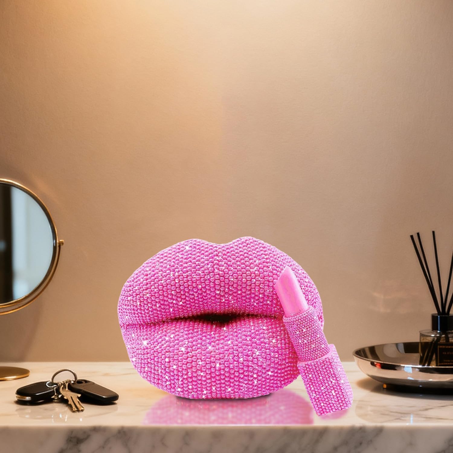 Lipstick Lip Shaped Statue,Glitter Faceted Desktop Sculpture, Luxury Chic Resin Home Decor for Living Room Bedroom Vanity, Romantic Gift for Women, Wedding Anniversary, Valentine’s Day, Birthday