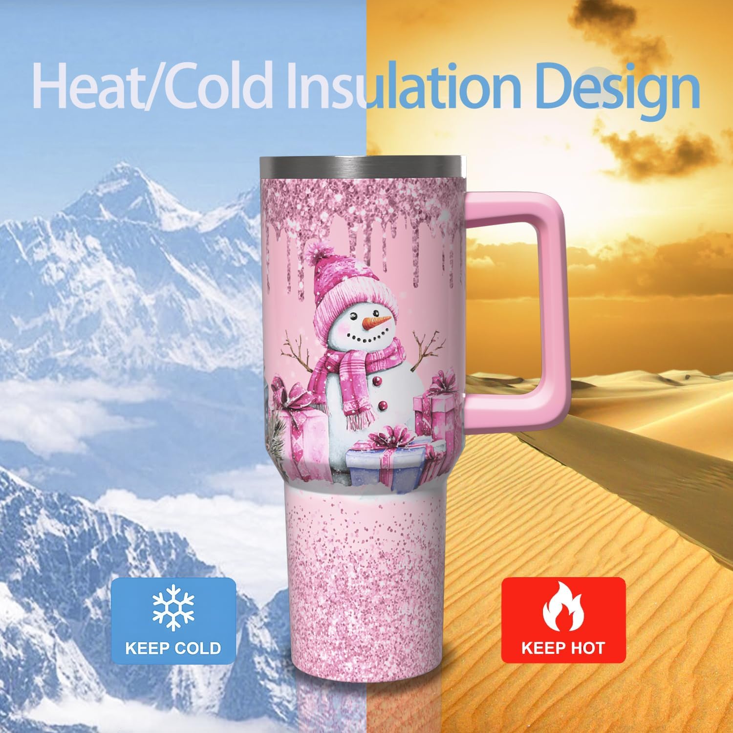 40 oz Christmas Tumbler with Handle and Straw, Stainless Steel Insulated Snowman Tumbler 40 oz, Reusable Pink Snowman Cup with Leak Proof Lid, Christmas Gifts for Women - Image 7