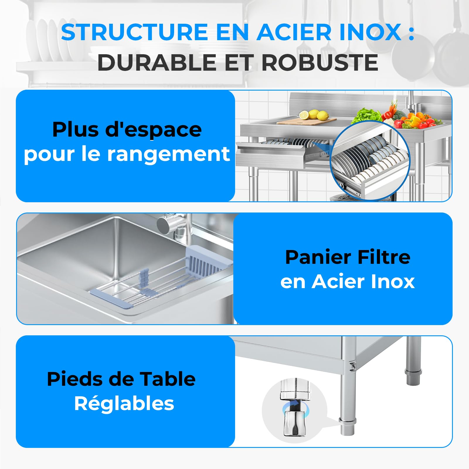 RiveraSink Plonge Inox Professionnelle 100x55x80cm avec Évier sur Pied, Évier Cuisine Inox avec Plan de Travail, Tiroir et Robinet, Table de Lavage pour Restaurant, Garage, Buanderie et Extérieur