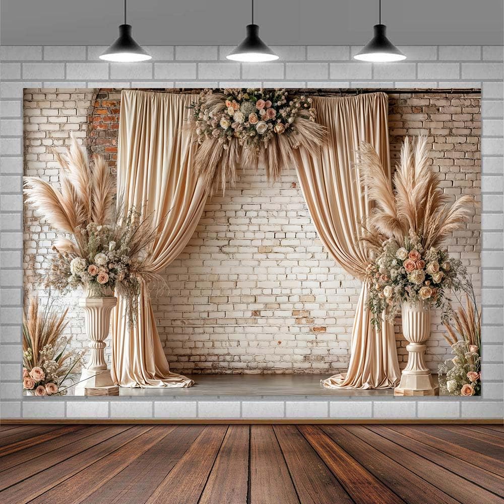 7X5ft Boho Floral Wedding Backdrop Vintage Flowers Brick Wall Background Photography Backdrops for Parties Wedding, Girls Birthday Princess Weeding