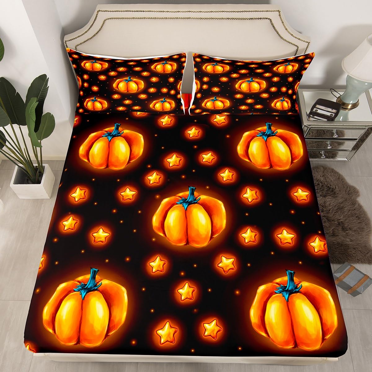 Pumpkin Lattern Fitted Sheet Single, Halloween Pumpkin Lattern Bedding Set Moon Star Pumpkin Bed Sheet Set for Kids Happy Halloween Bed Cover With 1 Pillow Case (No Flat Sheet)