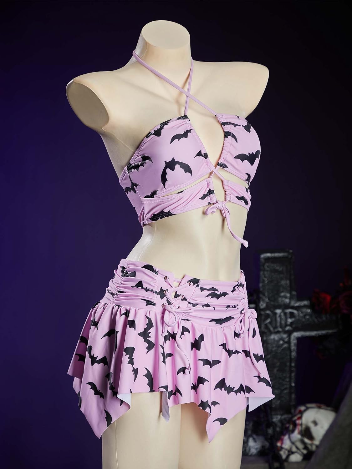 MEOWCOS Goth Bikini Swimsuit Gothic Pink Skull Bat Print Bathing Suit Dark Style Goth Swimsuit
