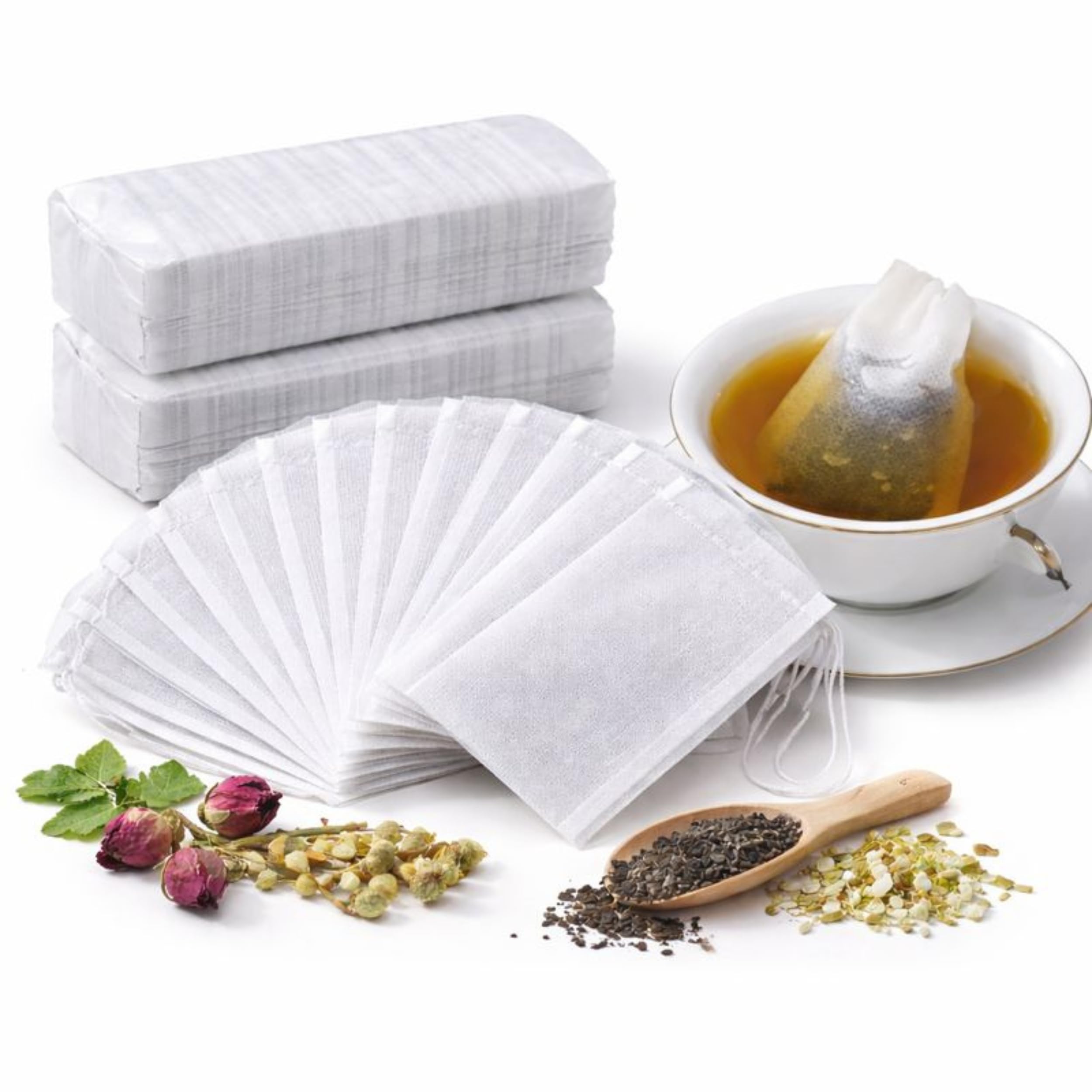 Bolsitas de té desechables con cordón – Juego de 100 bolsas de infusión de 10 x 8 cm – para té suelto, infusiones y hierbas – tela blanca no tejida