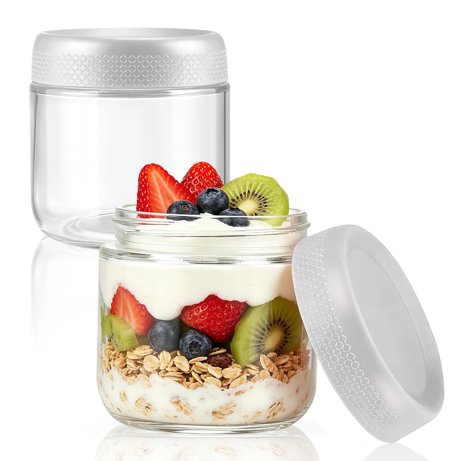 Overnight Oats Jar, 2 Pack Glass Containers With Lids, Clear Glass Jar with Screw Lid Overnight Oats Containers Reusable Wide Mouth Mason Jars for Cereals Milk Fruit Condiment Dressing Sauce (grey)