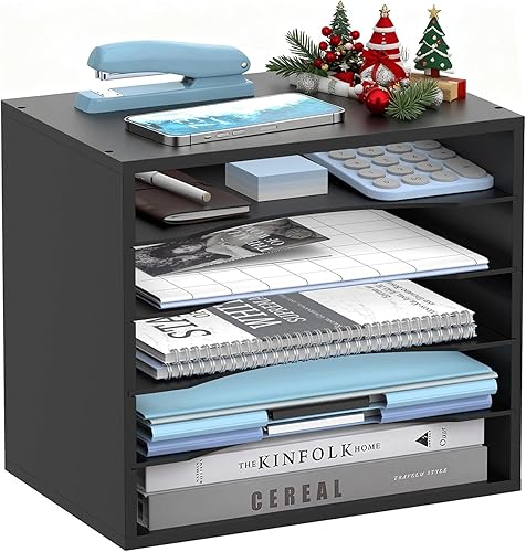 Organizador de escritorio de madera de 5 niveles, organizador de bandeja de papel para escritorio con estantes de almacenamiento ajustables, soporte