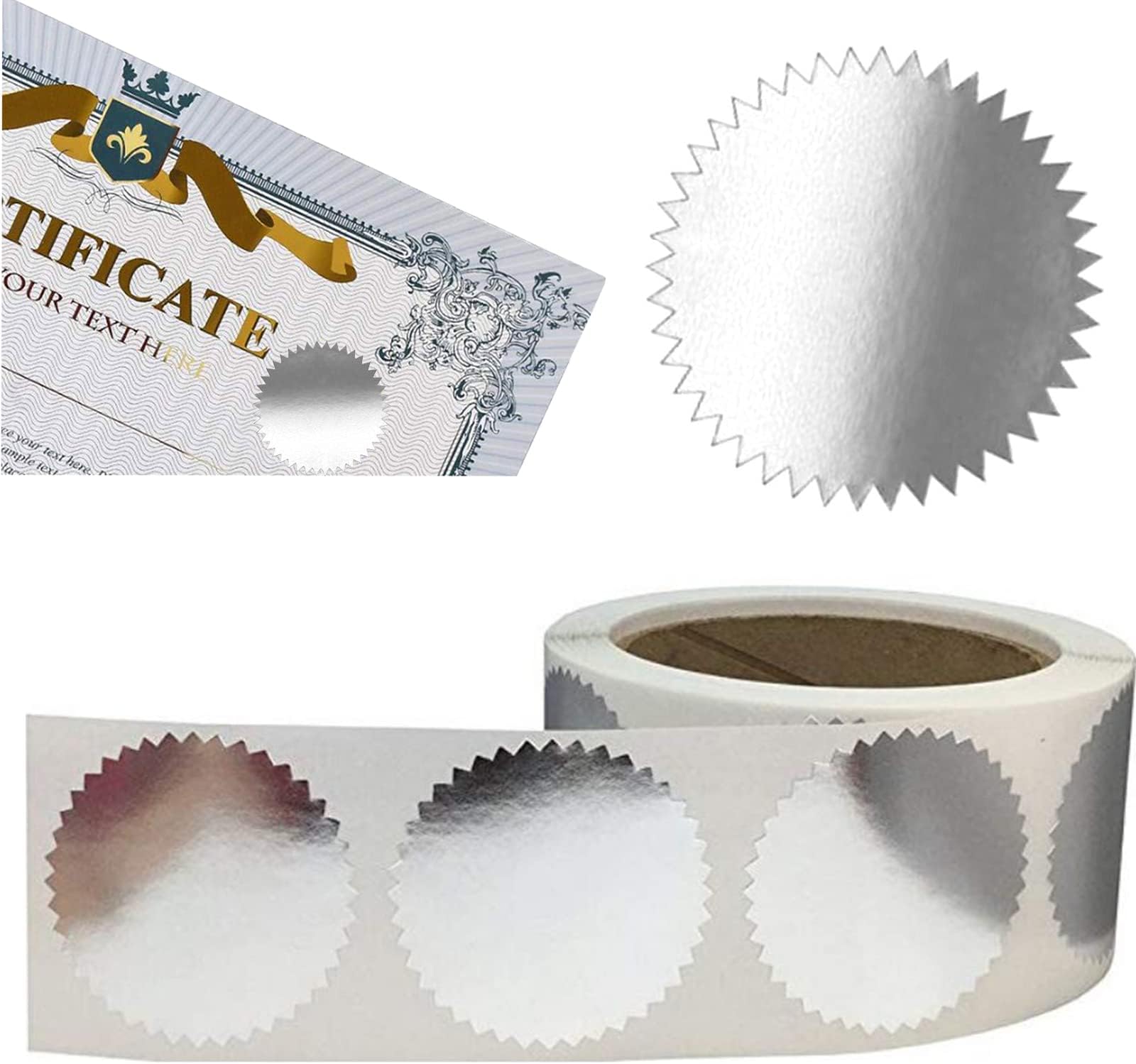 Certificate Award Seals, Silver Metallic Stickers With Serrated Edge 2'' Wafer Seals Labels for Envelopes, Package, School, Business - 250 PCS