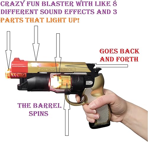 Miniatura 2 de Pistola de juguete grande con luz LED con sonido (8.5) para adultos, color dorado, plateado y negro con punta naranja. Baterías incluidas (1, dorado)