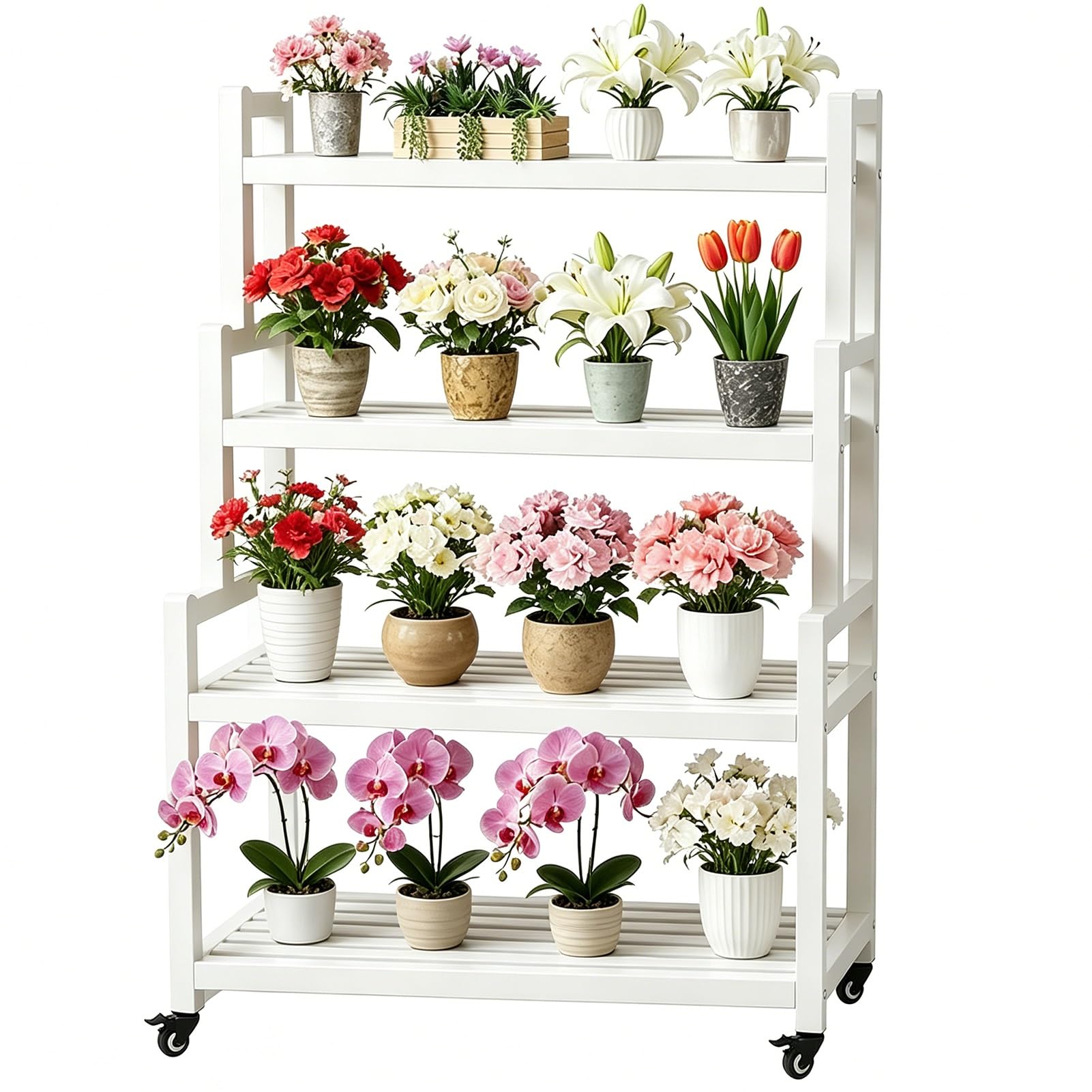 DMCHENGMA Modern 4-Tier Plant Stand with Wheels - White Metal Mobile Flower Pot Rack, Multi-Functional Storage Organizer Decor Shelf(100x40x145cm)