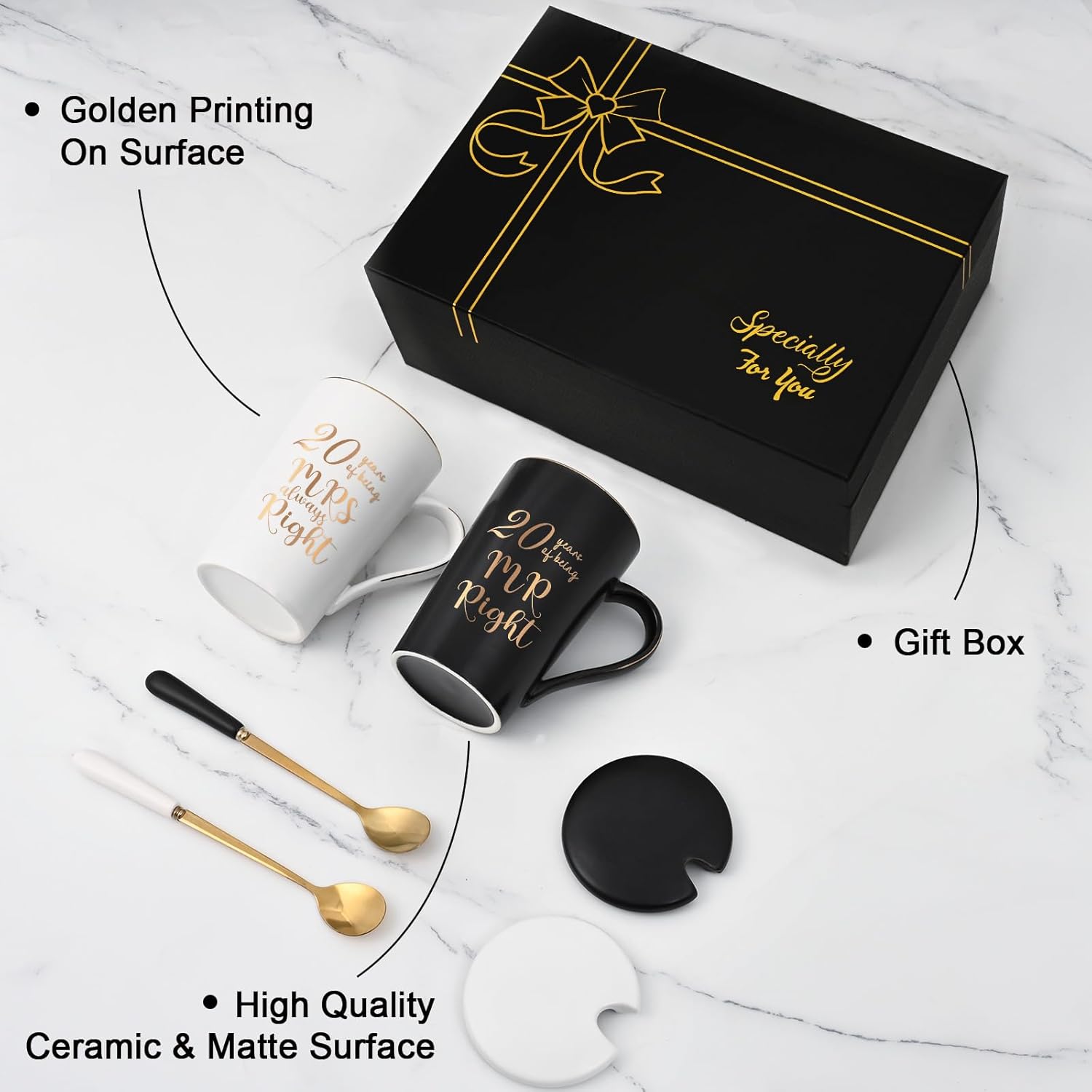 YHRJWN 20 Year Anniversary Presents, 20th Anniversary Presents for Couple Parents, 20th Wedding Anniversary Presents, 20th Mr & Mrs Always Right Coffee Mugs, 14 Oz with Coasters, Spoons and Gift Box - Image 6