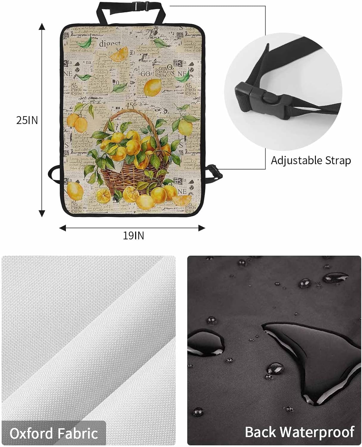 T&H XHome Car Seat Protector, 2 Pack Kick Mats Back Seat Protector Summer Lemons in Fruit Basket Old Newspaper Waterproof Backseat Cover for Kids Universal Fit Automotive Interior Protectors