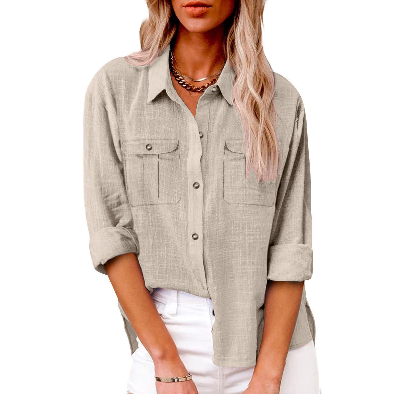 Camisas de lino de manga larga para mujer, de verano, divididas, ligeras, con botones, de lino, algodón, de gran tamaño, a la moda, color liso, ropa de muselina, talla grande, cuello holgado, gasa