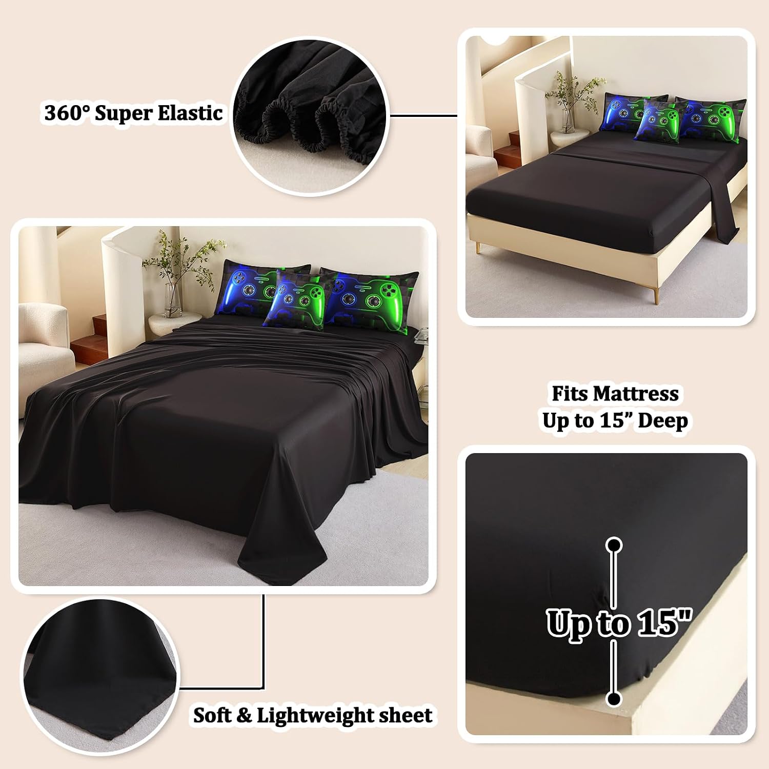6 Pcs Full Bedding Set for Boys, Blue Green Gamer Comforter Set Full, Microfiber Comforter Sets for Boys Teens, Gaming Bedding Sets with Sheets