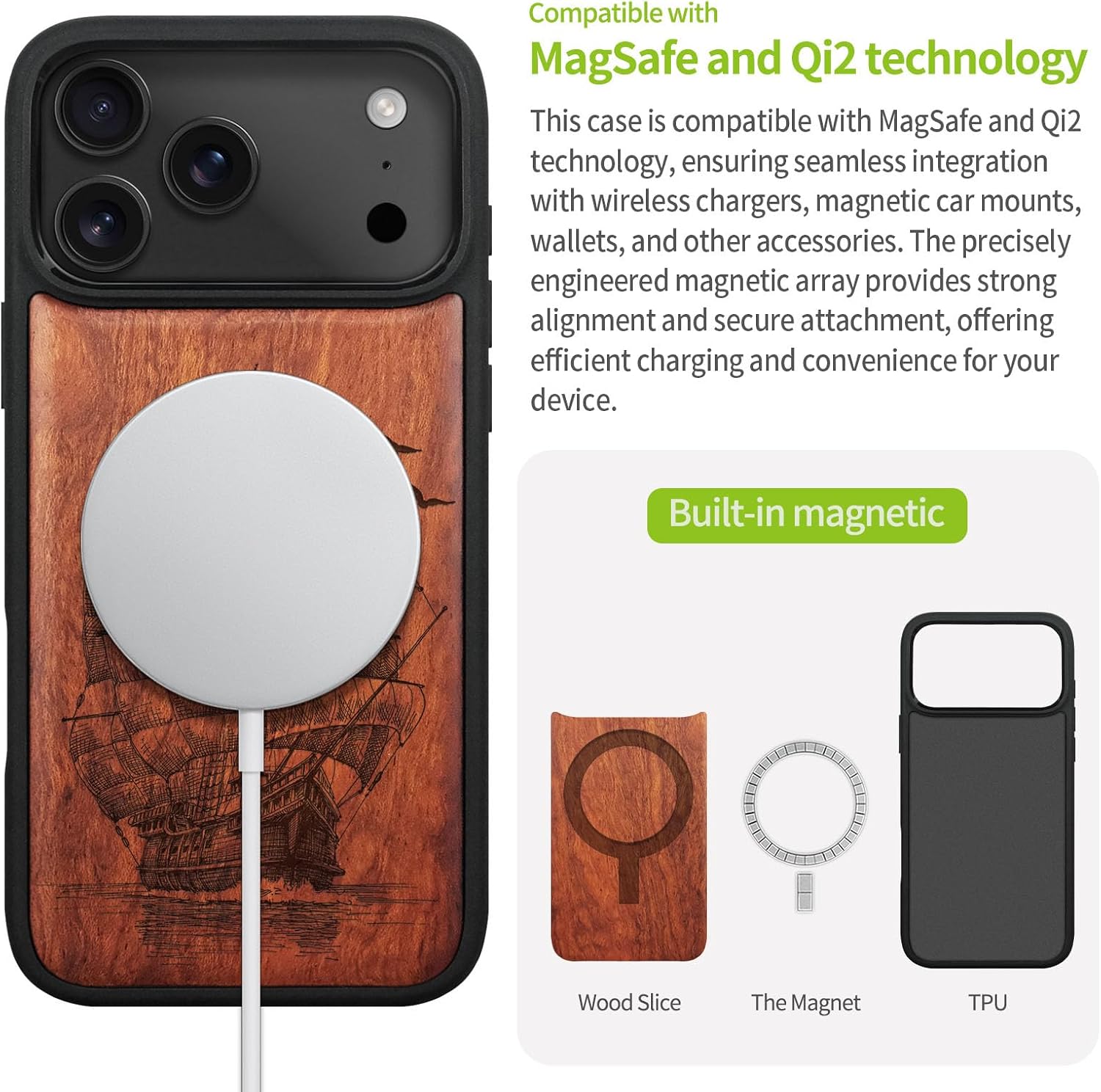 Carveit Magnetic Wooden Case for iPhone 17 Pro Max Case, Wood Artisan Engraved & Black Soft TPU Shockproof Cover, Compatible with MagSafe Wireless Chargers (Sailboat on The Sea) Rosy